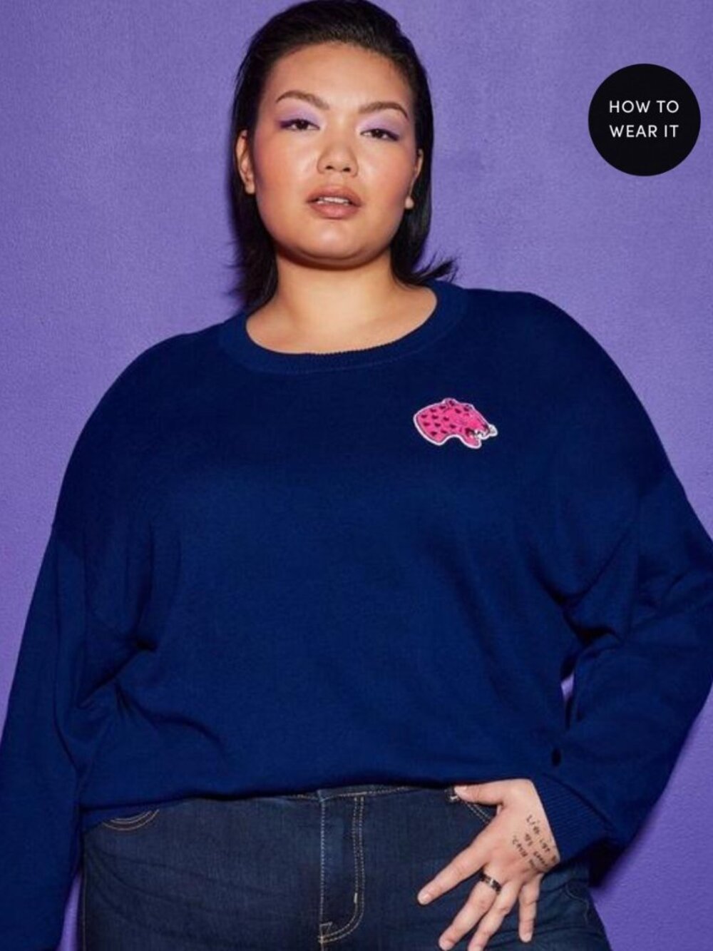 torrid Navy Crewneck Sweater with Pink Patch